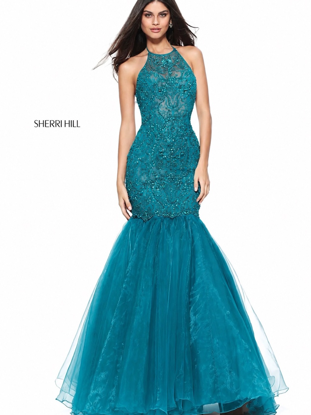 NWT Sherri Hill Teal 51215 Size 12 Halter Beaded Mermaid Gown Homecoming Pageant